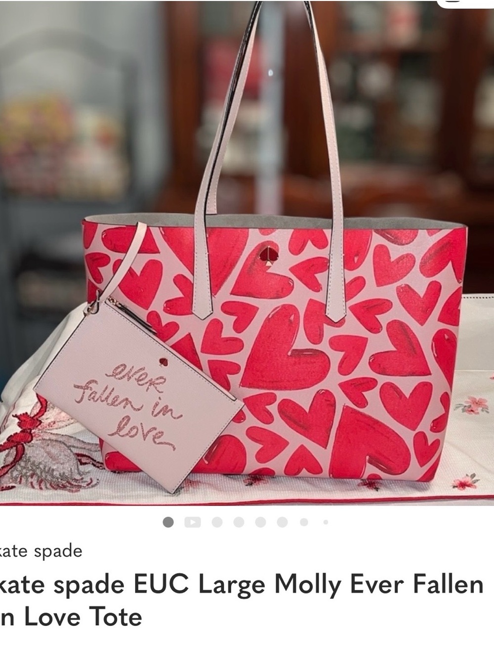 kate spade Pink and Red Heart-Print Molly Tote with Matching Pink Wristlet